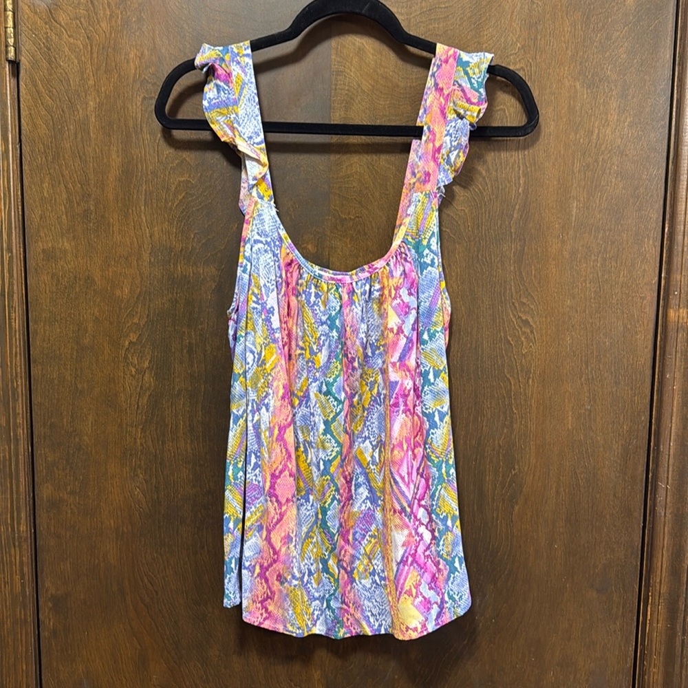 Savanna Jane Multicolor Snake Print Blouse - Flutter Ruffled Spaghetti Straps L